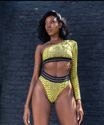 "HONEY COMB" Yellow Print One Shoulder Swim Suit